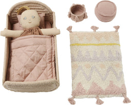 Lorena Canals Mini Ammi set - Tapijt, poef, opbergmand, bed, beddengoed en pop - Roze