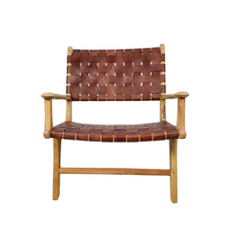 Loungestoel met armleuning - leder/teak - cognac