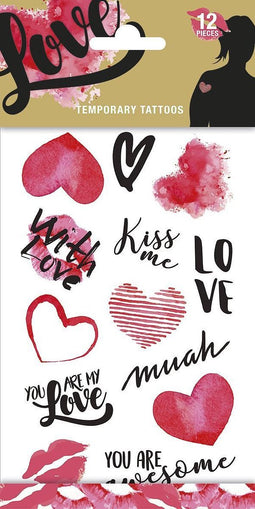 Love Tattoos - Tijdelijke Tattoo - Body Glitter - Plak Tattoos - Nep Tattoo - Fake Tattoo - Liefde - Kinderen en volwassenen - 1 Vel met 12 tattoos