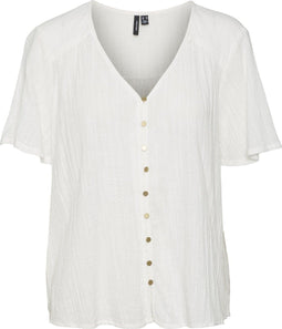 Vero Moda VMSATINA - Dames T-shirt - Korte mouwen V-hals gouden knoopsluiting - Maat L
