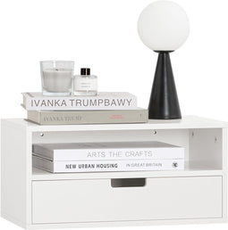 SoBuy NKD03-W - Zwevend Nachtkastje - Met Lade en Open Plank - Wit 45x25x22cm