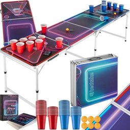 tectake® BeerWars I - Bierpongtafel - Hoogte verstelbaar - LED-verlichting - 100x Plastic Bekers 6x pingpongballen