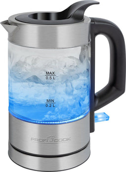 ProfiCook WKS 1228 G - Glazen waterkoker 0,5 liter - Roestvrij staal met blauwe led verlichting