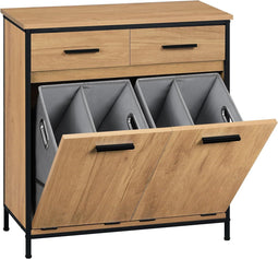 Eugad Badkamerkast - Badkamerkast met wasmand en 2 lades - Licht eiken en zwart - 72,5 x 34 x 80 cm