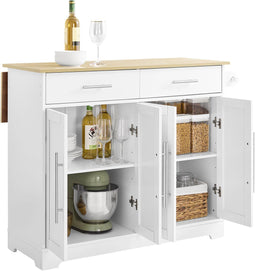 SoBuy FKW129-WN - Keukentrolley op Wielen - Uitschuifbaar Werkblad 2 Lades Verstelbare Planken Wit 113x91x(44-69) cm