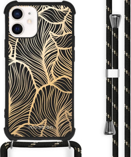 iMoshion Hoesje Geschikt voor iPhone 12 Mini Hoesje Met Koord - iMoshion Design Hoesje met Koord - Goud / Zwart / Golden Leaves