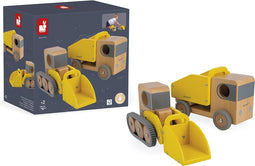 Janod Bolid - Houten Kiepwagen en Graafmachine - Stille rubberen wielen en afneembare siliconen rupsbanden - Geel (2 stuks)