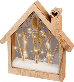 Lumineo - Decoratie - Decoratieverlichting - Huisje - Hout - Droogbloemen - LED - Warm wit - 4,3 x 26 x 27 cm
