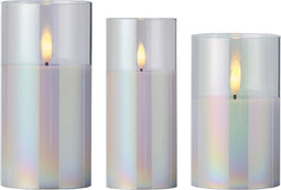 Lumineo luxe LED kaarsen - in glas - 3x st - transparant parelmoer - stompkaarsen - timer