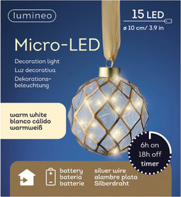 Lumineo Verlichte kerstbal - glas - aan lint - D10 cm - goud - 15 led lampjes - warm wit