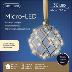 Lumineo Verlichte kerstbal - glas - aan lint - D14 cm - goud - 15 led lampjes - warm wit