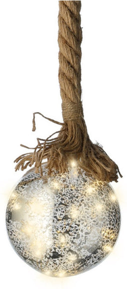 Lumineo Verlichte kerstbal - glas - aan touw - D14 cm - zilver - 30 led lampjes - warm wit