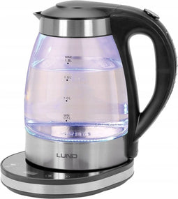 Lund glazen waterkoker LED met temperatuur regeling - LED display - Bedieningspaneel in de voet - Warmhoud functie - antikalkfilter - 1.8L - 2200W - 68174 - zwart / zilver