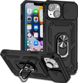Lunso - Armor backcover hoes met ringhouder - Geschikt voor iPhone 14+ / 14 Plus - Zwart