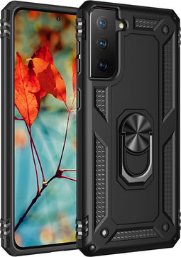 Lunso - Armor backcover hoes met ringhouder - Geschikt voor Samsung Galaxy S21 FE - Zwart