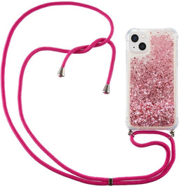 Lunso - Backcover hoes met koord - Geschikt voor iPhone 14+ / 14 Plus - Glitter Roze