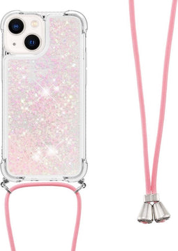 Lunso - Backcover hoes met koord - Geschikt voor iPhone 14 - Glitter Rose Zilver