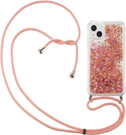 Lunso - Backcover hoes met koord - Geschikt voor iPhone 14 - Glitter Rose Goud