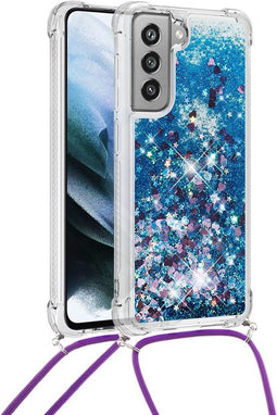 Lunso - Backcover hoes met koord - Geschikt voor Samsung Galaxy S21 FE - Glitter Blauw