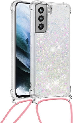 Lunso - Backcover hoes met koord - Geschikt voor Samsung Galaxy S21 FE - Glitter Zilver