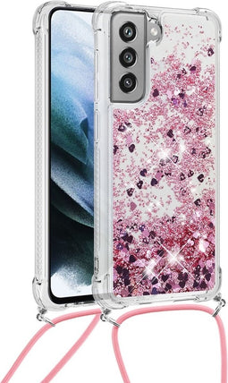 Lunso - Backcover hoes met koord - Geschikt voor Samsung Galaxy S21 FE - Glitter Rose Goud