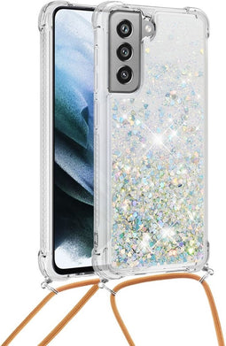 Lunso - Backcover hoes met koord - Geschikt voor Samsung Galaxy S21 FE - Glitter Zilver Goud