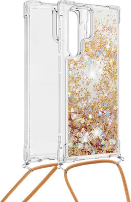 Lunso - Backcover hoes met koord - Geschikt voor Samsung Galaxy S22 Ultra - Glitter Goud