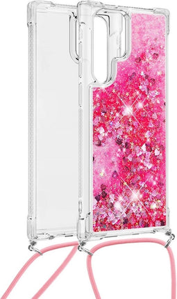 Lunso - Backcover hoes met koord - Geschikt voor Samsung Galaxy S22 Ultra - Glitter Roze