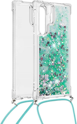 Lunso - Backcover hoes met koord - Geschikt voor Samsung Galaxy S22 Ultra - Glitter Groen