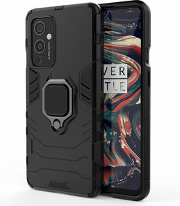 Lunso - Double Armor backcover hoes met stand - Geschikt voor OnePlus 9 - Zwart