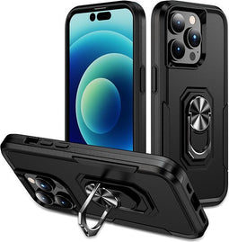 Lunso - Geschikt voor iPhone 15 Pro - Armor backcover hoes met ringhouder - Zwart