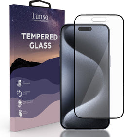 Lunso - Geschikt voor iPhone 15 Pro Max - Gehard Beschermglas - Full Cover Screen protector - Black Edge