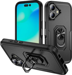 Lunso Geschikt voor iPhone 16 hoesje - Armor backcover met ringhouder - Zwart