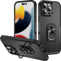Lunso Geschikt voor iPhone 16 Pro hoesje - Armor backcover met ringhouder - Zwart