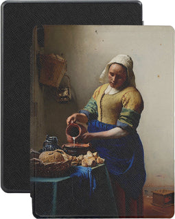 Lunso - Geschikt voor Kobo Aura H20 Edition 1 hoes (6.8 inch) - Vegan Saffiano Leren sleep cover - Vermeer Melkmeisje