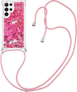Lunso - Geschikt voor Samsung Galaxy S23 Ultra - Telefoonhoes met koord - Glitter Roze