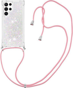 Lunso - Geschikt voor Samsung Galaxy S23 Ultra - Telefoonhoes met koord - Glitter Zilver/Roze