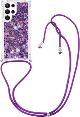 Lunso - Geschikt voor Samsung Galaxy S23 Ultra - Telefoonhoes met koord - Glitter Paars