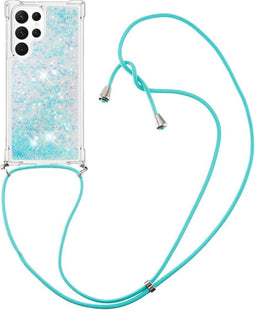 Lunso - Geschikt voor Samsung Galaxy S23 Ultra - Telefoonhoes met koord - Glitter Lichtblauw