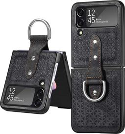 Lunso - Geschikt voor Samsung Galaxy Z Flip4 - Kunstleren backcover hoesje met ringhouder - Zwart