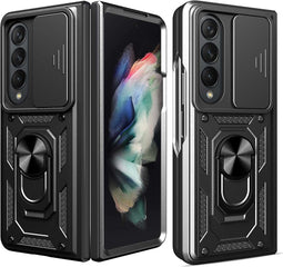 Lunso - Geschikt voor Samsung Galaxy Z Fold4 - Armor Guard telefoonhoes met ringhouder - Zwart