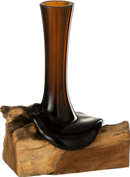 J-Line vaas op voet Hoog Gamal - hout/glas - naturel/bruin - large - 29 cm hoog