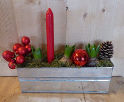 Kerststukje 'Toela' zink rechthoekig bakje 30 cm hyacinten met kaar...