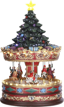 LuVille Kerstdorp Miniatuur Carrousel met Kerstboom - L22 x B22 x H35 cm