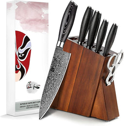 Luxe en Professionele 7-delige Keukenmessen-set van Damascus Staal (67 lagen, VG10) en Pakka-houten handgrepen - incl. Acaciahouten Messenblok - B20 Ya | Xinzuo