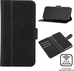 Luxe Hoes Geschikt voor iPhone 12 Hoesje Bookcase met Anti Skim Bescherming - Pasjes RFID Beschermd Cover - Black - Luxe Telefoonhoesje Wallet Case Pasjeshouder PU Leder