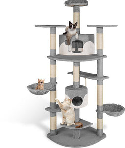 tectake® Fippi - Kattenkrabpaal - 201 cm - 2 kattenhuizen 4 platformen - Grijs/Wit