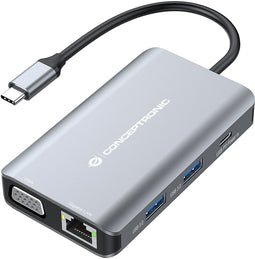 Conceptronic DONN21G - Dockingstation - 3x USB 3.2 Gen1 1x USB-C 1x Ethernet 100Mbps 1x VGA - Grijs