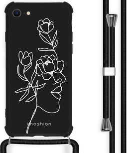 iMoshion Hoesje Geschikt voor iPhone SE (2022) / SE (2020) / 8 / 7 Hoesje Met Koord - iMoshion Design Hoesje met Koord - Wit / Zwart / Woman Flower Black