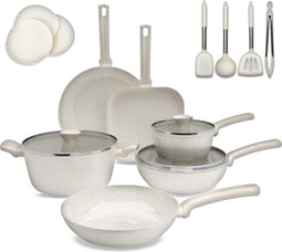 Lugia Pannen - 16 Delige Pannenset - 3 Laagse Keramische Coating - PFAS & PFOA Vrij - Beige (16 stuks)